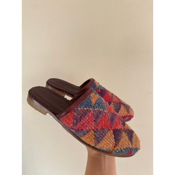 Turkish kilim tapestry carpet mules wool leather geometric size 35/36 5-6 US - Picture 2 of 7